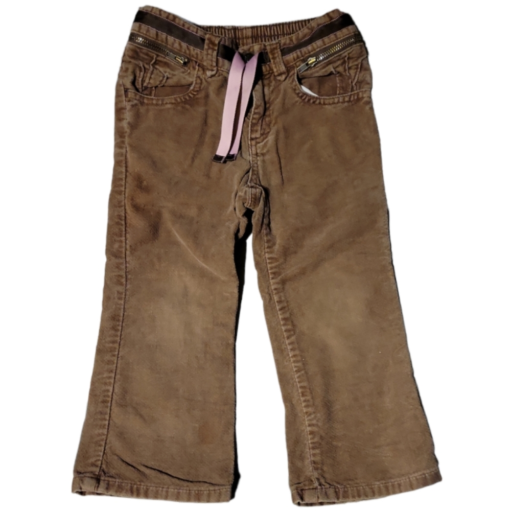 Vtg Old Navy Girl's Brushed Brown Denim Jeans Zip Pockets Pink Ribbon 3T